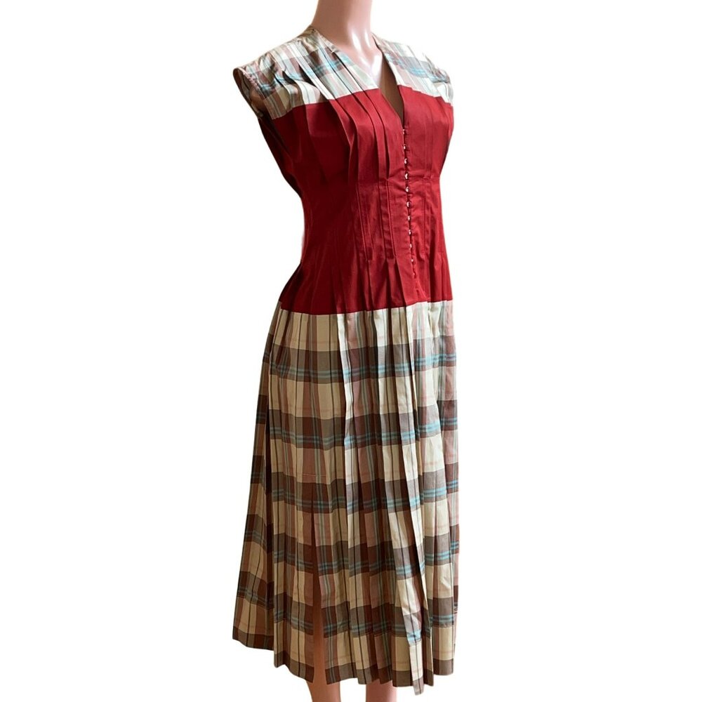 T-178. Tory Burch Madras Plaid Silk Clear Dress McCardell Madras Plaid Red US 4 - Picture 7 of 11